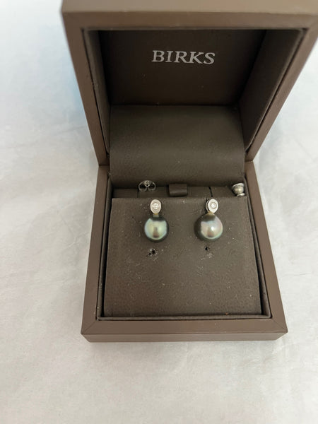 Birks Tahitian Pearl and Diamond in 18 kt White Gold with Original Boxes