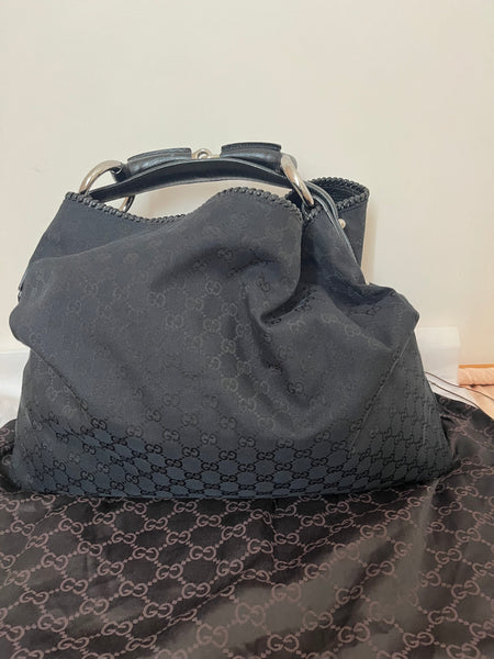 Gucci Large Horsebit GG Canvas and Leather Hobo w/Dust Bag