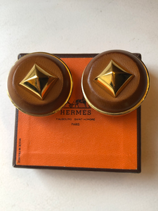 Hermes Medor Bronze Leather & Gold Tone Pyramid Stud Clip Earrings in Box