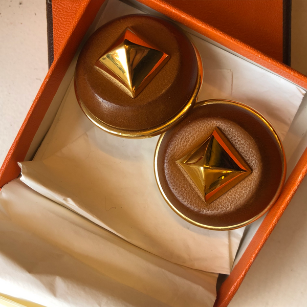 Hermes Medor Bronze Leather & Gold Tone Pyramid Stud Clip Earrings in Box