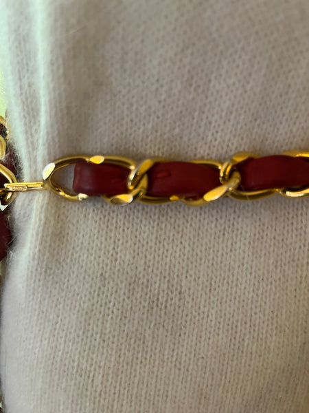 1990s Chanel Gold Tone Chain and Leather Belt w/CC Pendant
