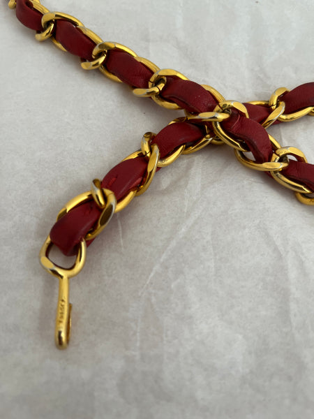 1990s Chanel Gold Tone Chain and Leather Belt w/CC Pendant